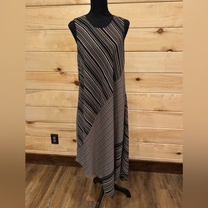 DONNA KARAN NEW YORK BLACK TAN STRIPED SLEEVELESS ASYMMETRICAL MAXI DRESS M